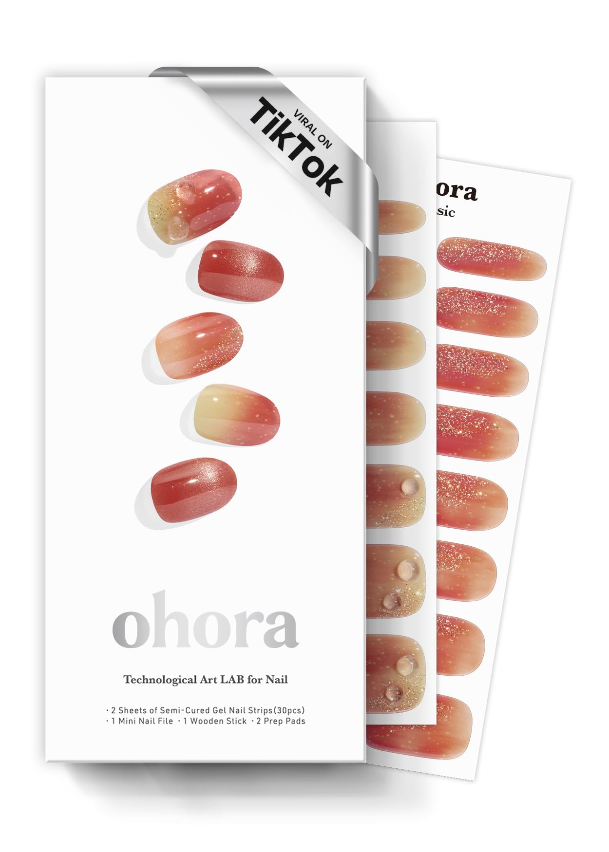 ohora Semi Cured Gel Nail Strips (N Sparkle Glam) - Nude, Glitter, Works with Any UV/LED Lamps, Salon-Quality, Long Lasting, Easy to Apply & Remove - Includes 2 Prep Pads, Nail File & Wooden Stick