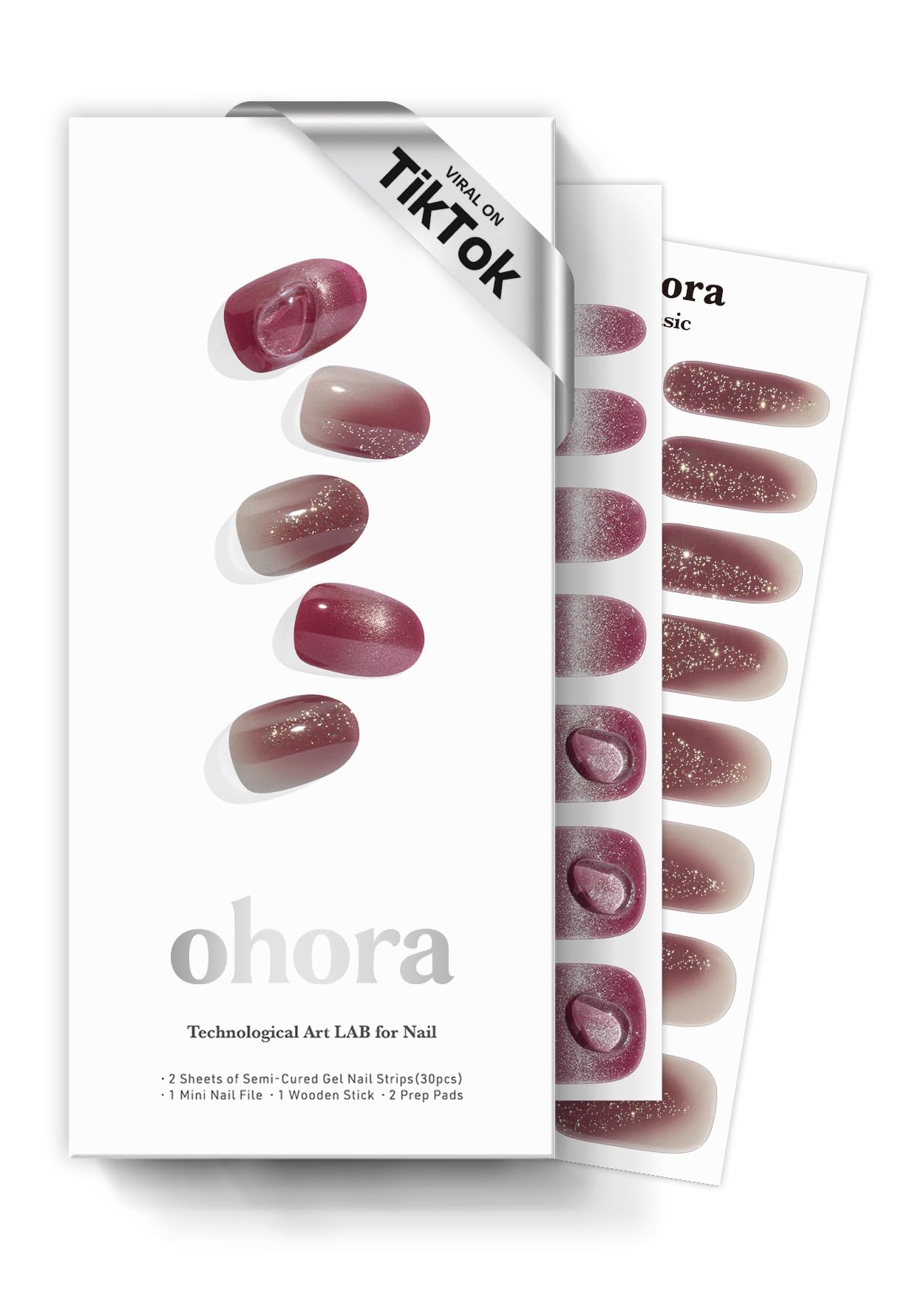 ohora Semi Cured Gel Nail Strips (N Sparkle Glam) - Nude, Glitter, Works with Any UV/LED Lamps, Salon-Quality, Long Lasting, Easy to Apply & Remove - Includes 2 Prep Pads, Nail File & Wooden Stick
