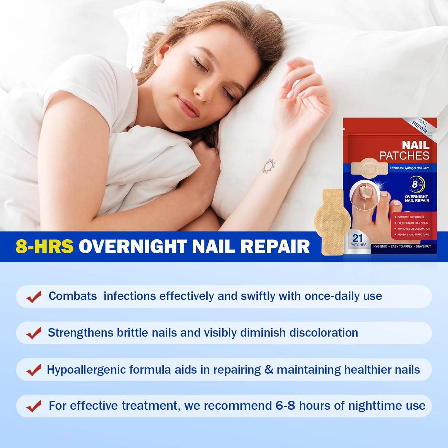 Fungal Nail Patches for Toenail Care – 21 PCS Extra Strength Overnight Hydrogel Nail Repair Patches for Damaged, Thick & Discolored Nails, 8 Hour Moisturizing Toenail Treatment for Men Women