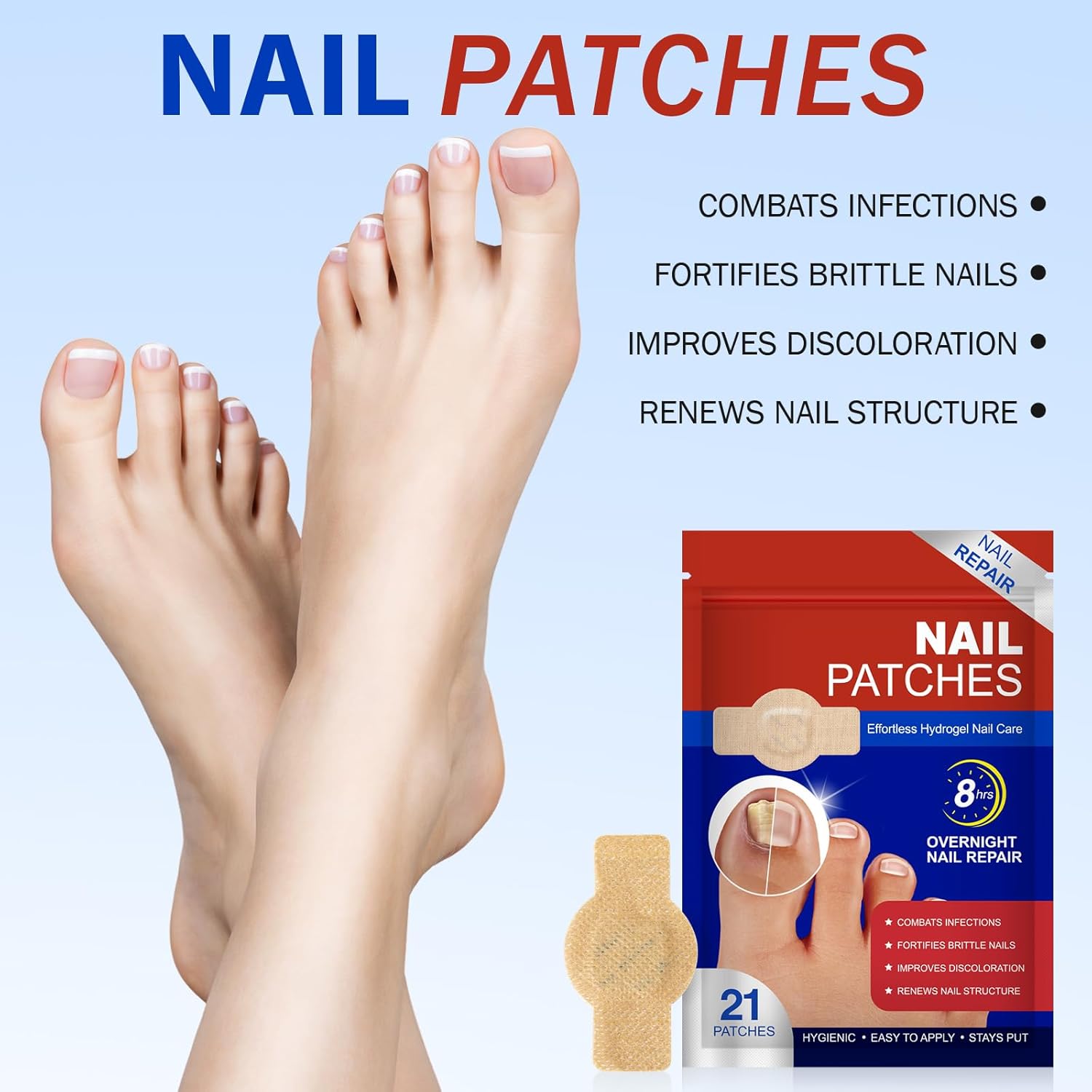 Fungal Nail Patches for Toenail Care – 21 PCS Extra Strength Overnight Hydrogel Nail Repair Patches for Damaged, Thick & Discolored Nails, 8 Hour Moisturizing Toenail Treatment for Men Women