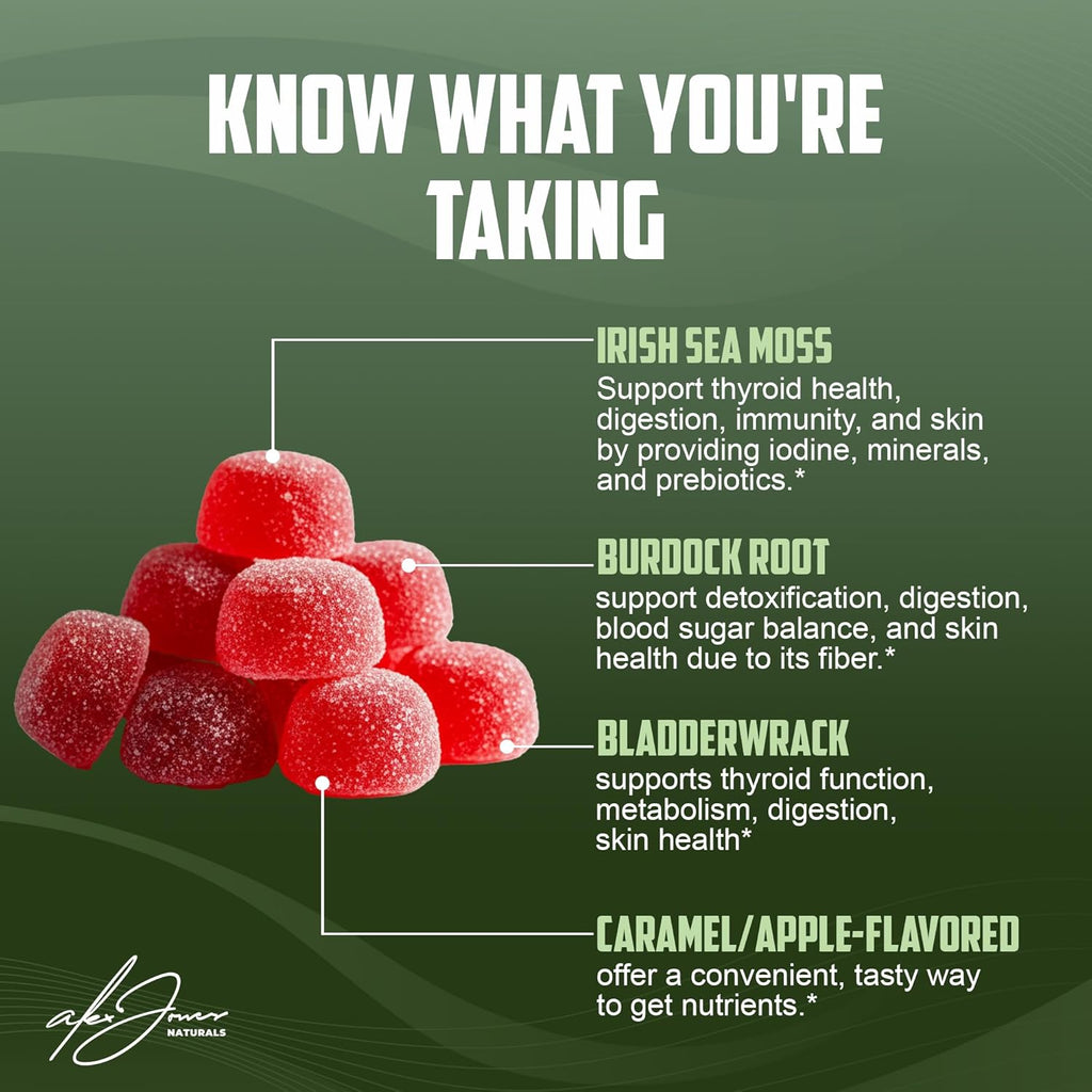 Ultimate Irish Sea Moss Gummies with Bladderwrack & Burdock Root – Sea Moss Bladderwrack Burdock Root – Caramel Apple Flavor – Plant-Based Mineral Blend – Vegan, Non-GMO – 60 Gummies