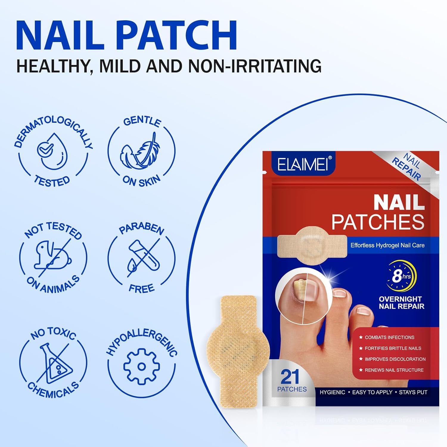 Fungal Nail Patches for Toenail Care – 21 PCS Extra Strength Overnight Hydrogel Nail Repair Patches for Damaged, Thick & Discolored Nails, 8 Hour Moisturizing Toenail Treatment for Men Women
