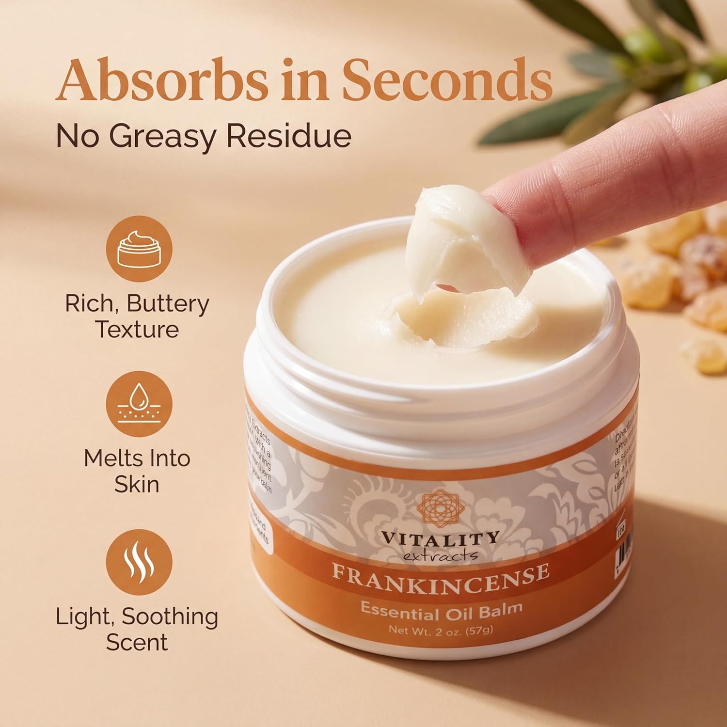 Vitality Extracts Frankincense Balm - 2oz, Boswellia Serrata, Beeswax, Olive Oil, Moisturizer for Dry, Cracked Skin, All Skin Types