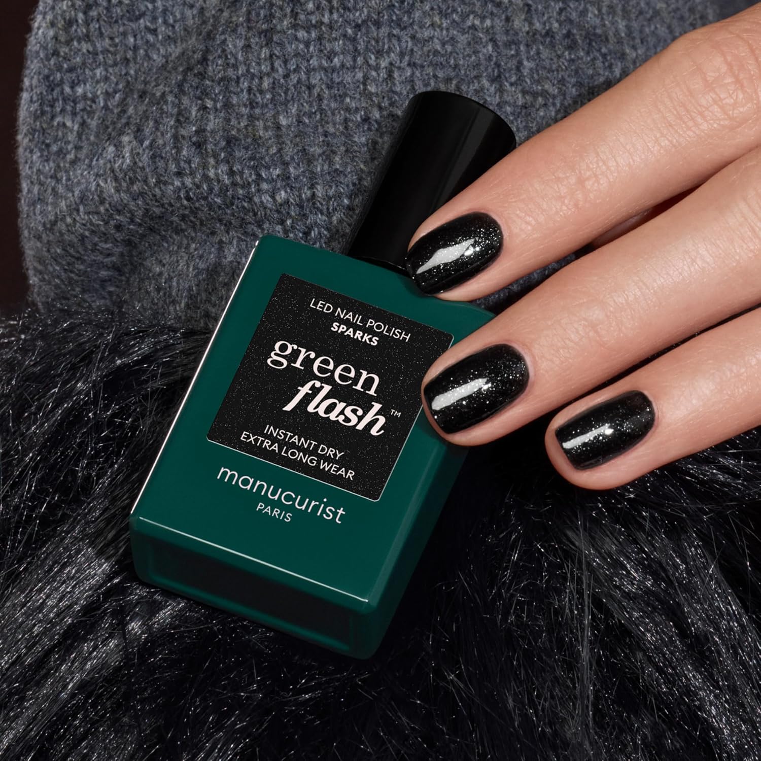 Manucurist Green Flash Gel Polish - Sparks (Sparkling Black) - UV & LED Gel Nail Polish - 12-Free, Bio-Sourced (84%) - Professional Manicure - 15 ml