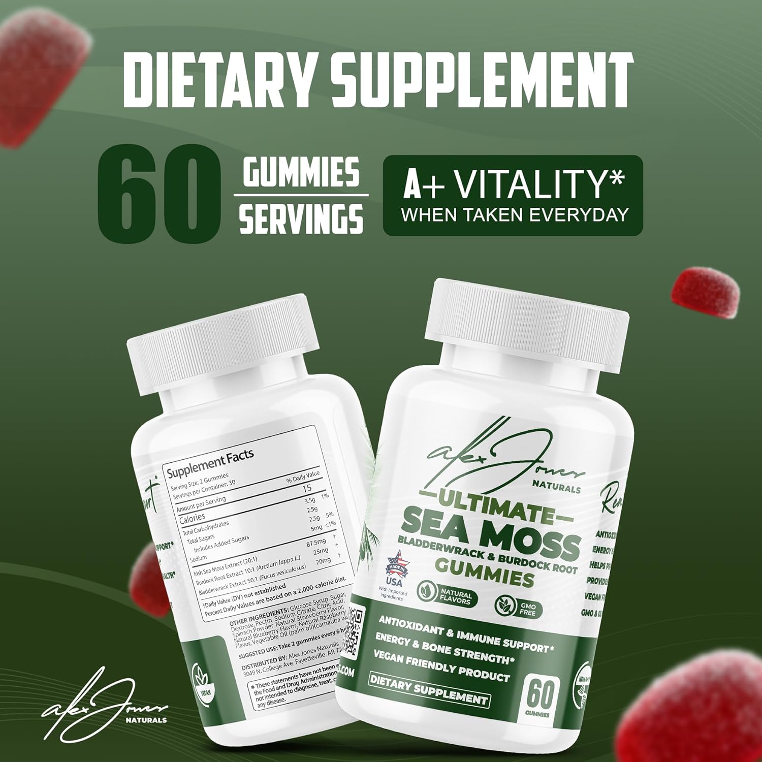 Ultimate Irish Sea Moss Gummies with Bladderwrack & Burdock Root – Sea Moss Bladderwrack Burdock Root – Caramel Apple Flavor – Plant-Based Mineral Blend – Vegan, Non-GMO – 60 Gummies