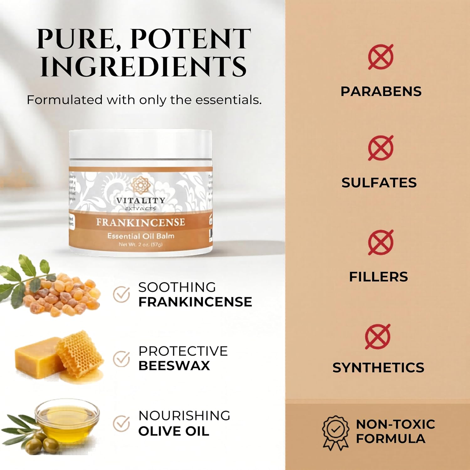 Vitality Extracts Frankincense Balm - 2oz, Boswellia Serrata, Beeswax, Olive Oil, Moisturizer for Dry, Cracked Skin, All Skin Types