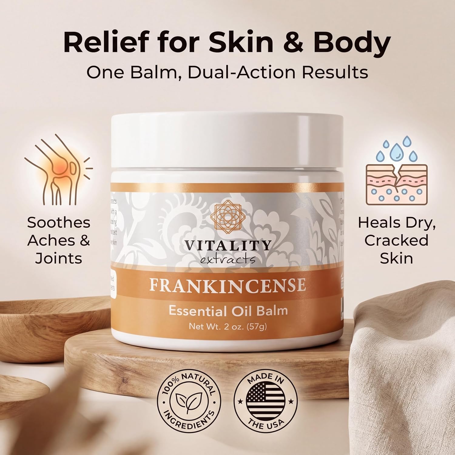 Vitality Extracts Frankincense Balm - 2oz, Boswellia Serrata, Beeswax, Olive Oil, Moisturizer for Dry, Cracked Skin, All Skin Types